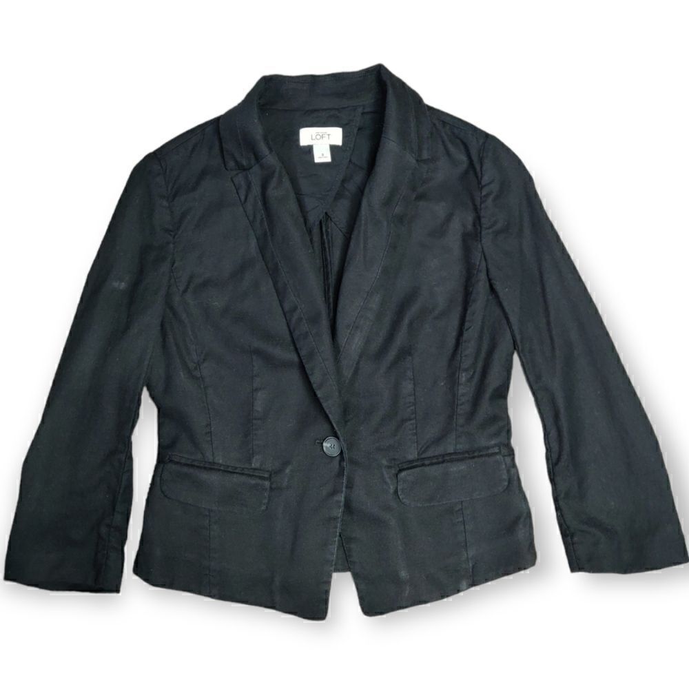 LOFT ANN TAYLOR BLACK COTTON Linen CLASSIC ONE BUTTON FITTED BLAZER JACKET sz 8